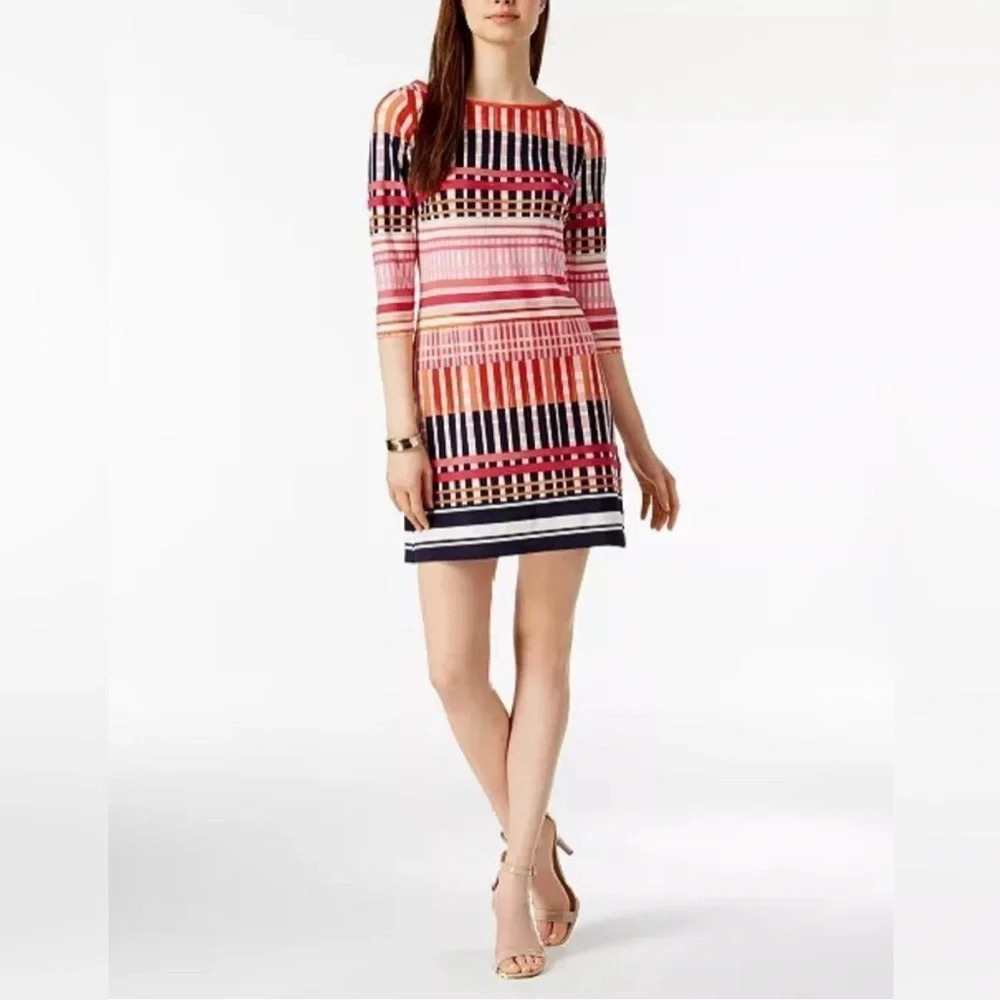 Eliza J Pink, Navy & Orange Striped Knit Mini Dress